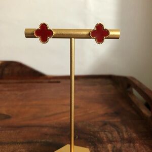 Women's Gold Red Clover Mini Stud Earrings with Secure Screw Post Jewelry Dainty